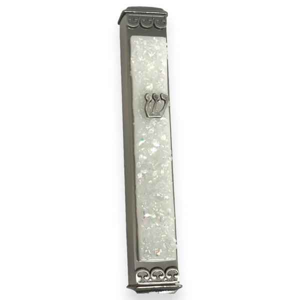 White Glitter Glass And Metal Mezuzah