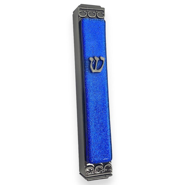 Shimmering Blue Glass And Metal Mezuzah