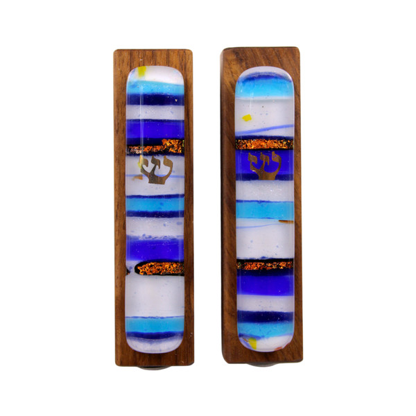 Blue Fused Glass And Wood Mezuzah