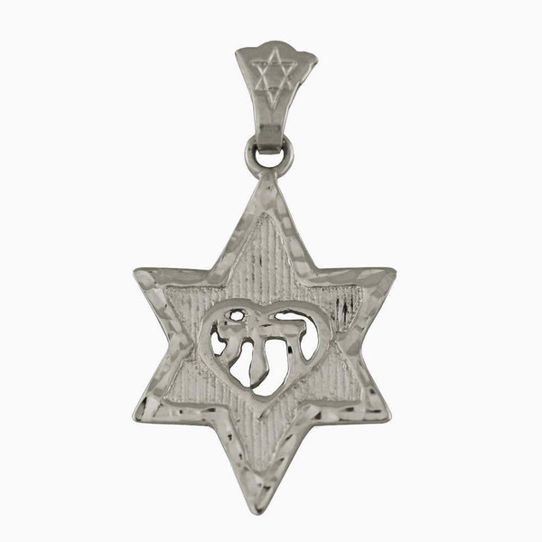 14K White Gold Star Of David With Heart Chai