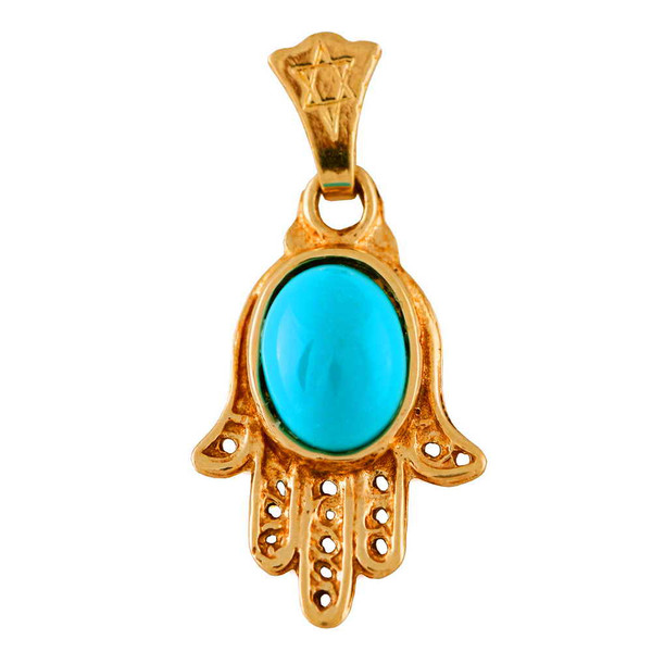 14K Gold Hamsa Pendant With Turquoise Stone
