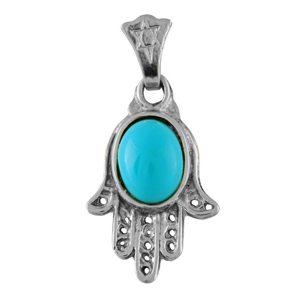 14K White Gold Hamsa Pendant With Turquoise Stone