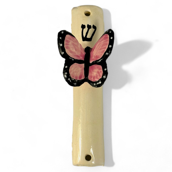 Handcrafted Pink Butterfly Ceramic Mezuzah