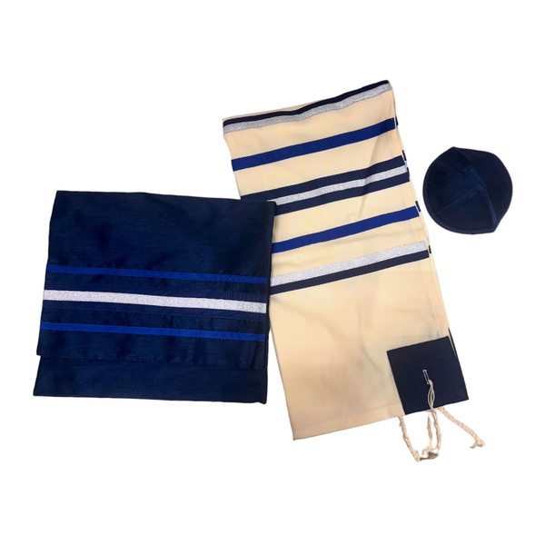 Fine Wool Tallit Set With Navy & Silver Ribbon Stripes