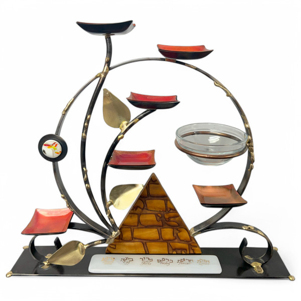 Wooden Pyramid Sculptural Seder Plate With Salt Water Bowl
