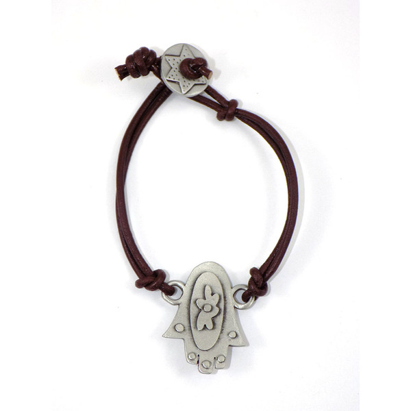 Jewish Jewelry | Women's Bracelets | Pewter And Leather Hamsa Bracelet