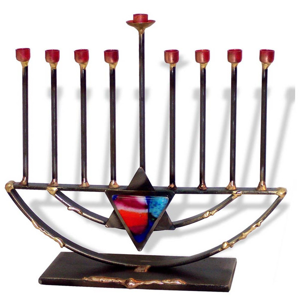 Hanukkah Gifts-Jewish Star Metal Glass Sculpted Hanukkah Menorah By Gary Rosenthal