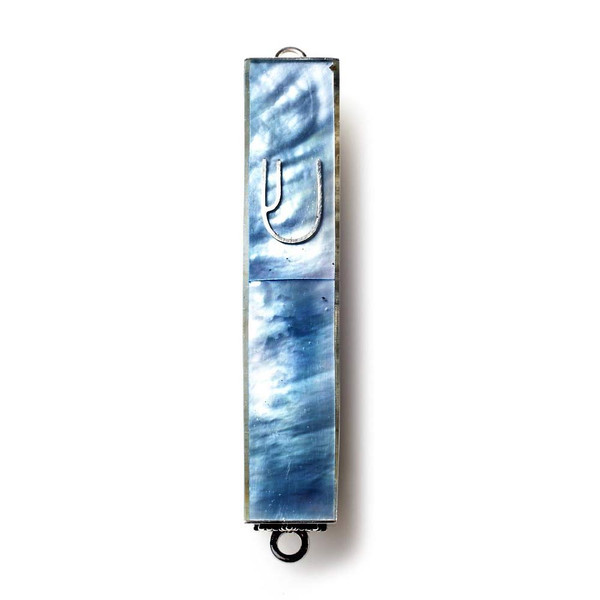 Jewish Gifts-Silver And Blue Tone Mother Of Pearl Mezuzah Case