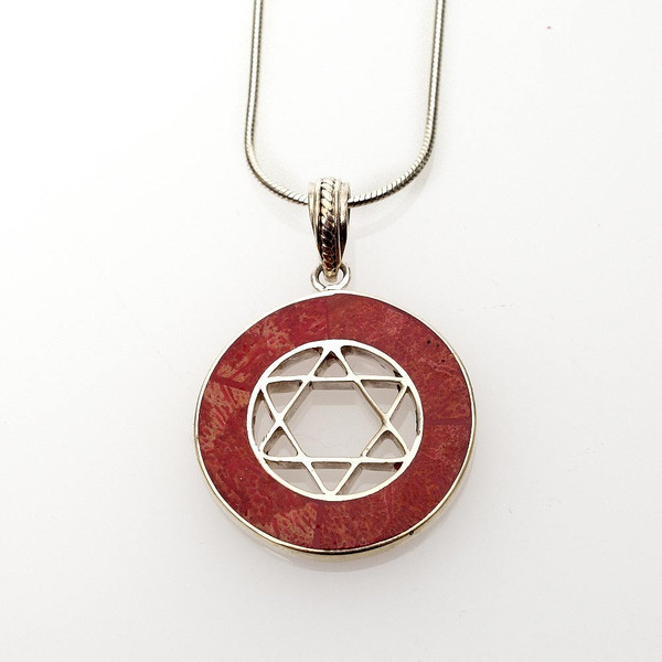 Jewish Jewelry-Judaica Jewish Star Round Necklace Silver Coral