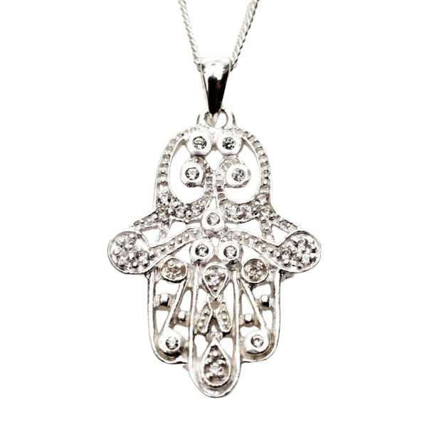 Jewish Jewelry-Judaica Hamsa Necklace Zirconia Silver
