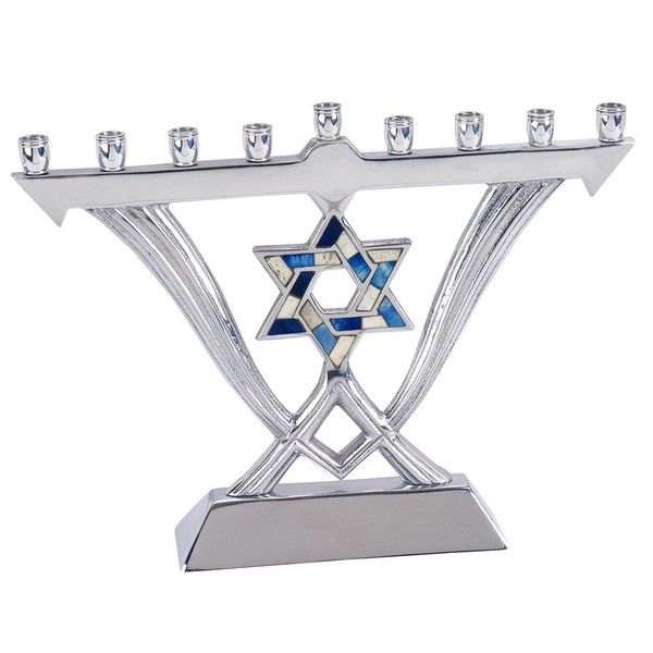 Menorah Judaica - Blue White Inlay Mosaic Hanukkah Menorah