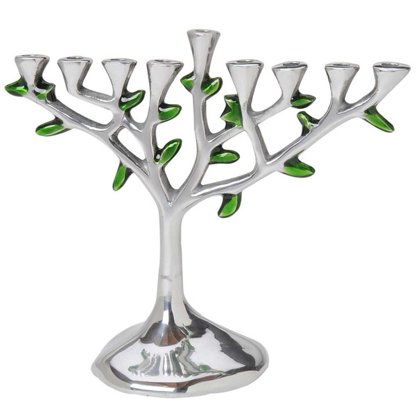 Aluminum Tree Of Life Menorah With Green Leaves