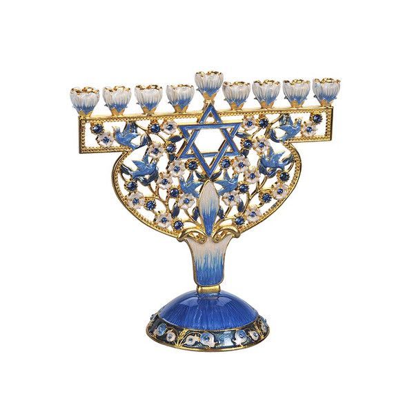 Menorah Judaica - Ornate Jeweled Flower Birds Menorah