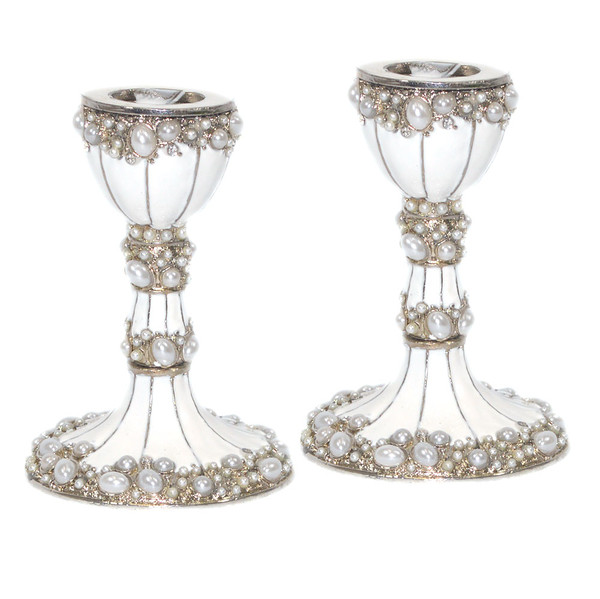 White Enamel Pearl Shabbat Candlestick Set