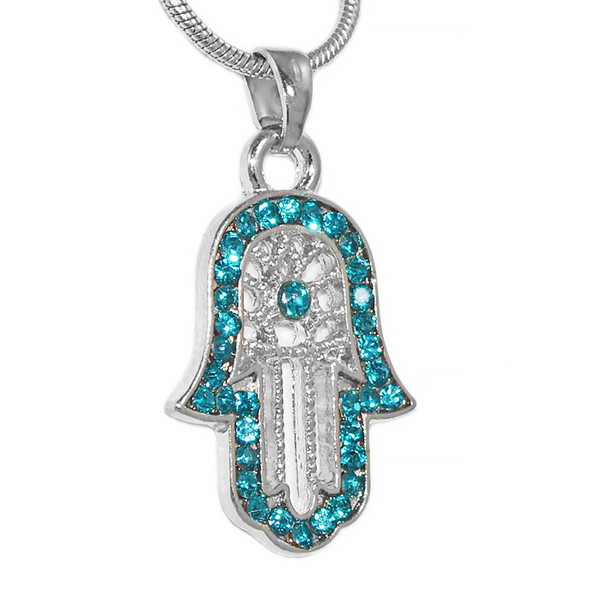 Jewish Jewelry - Silver Tone Blue Rhinestone Hamsa Pendant Necklace|Jewish Jewelry|Pendant|Necklace