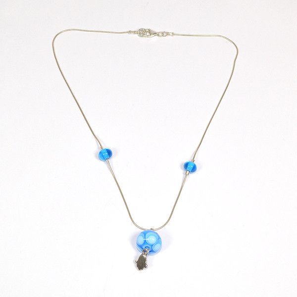 Jewish Jewelry - Blue Glass Bead Hamsa Necklace