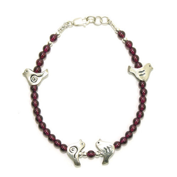 Jewish Jewelry - Sterling Silver Doves Beaded Garnet Bracelet