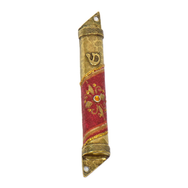 Brass Tone Metal And Red Deco Mezuzah - Made In Israel