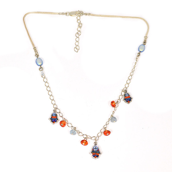 Jewish Jewelry - Orange And Blue Hamsa Charm Necklace, Made In Israel