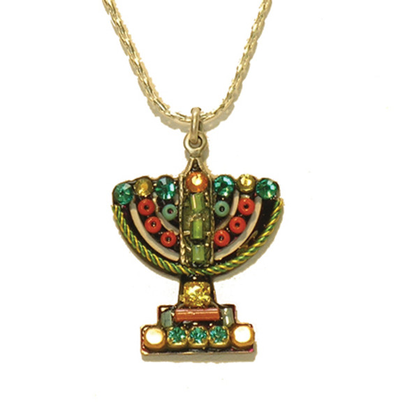 Jewish Jewelry - Orange And Green Crystal Menorah Necklace, Made In Israel