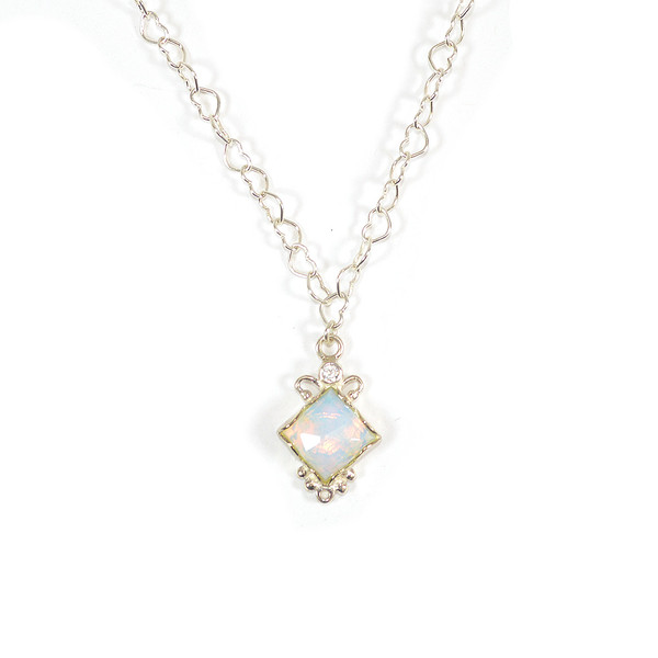 Jewish Jewelry - Opal Square Necklace With Heart Link Chain, Made In Israel