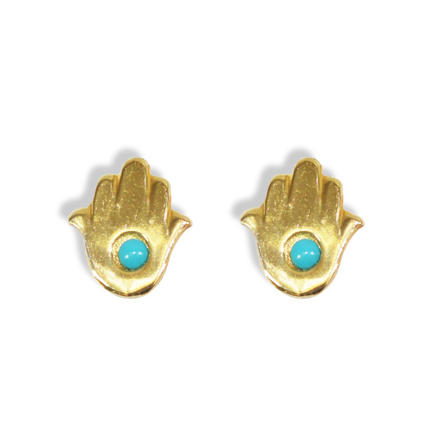 Jewish Jewelry - 14K Gold Turquoise Hamsa Stud Earrings