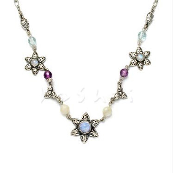 Jewish Jewelry - Opal Flower And Jewish Star Necklace, Made In Israel