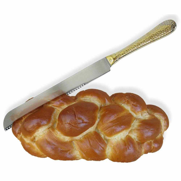 Jewish Judaica Gifts-Hammered Gold 12" Shabbat Challah Knife