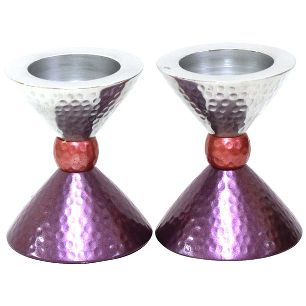 Judaica Gifts - Pink Purple Hammered Nickel Tea Light Candlesticks