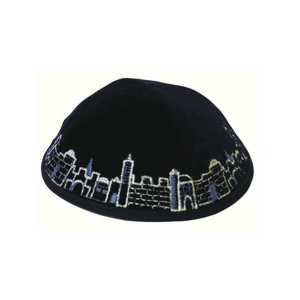 Embroidered Navy Velvet Kippah