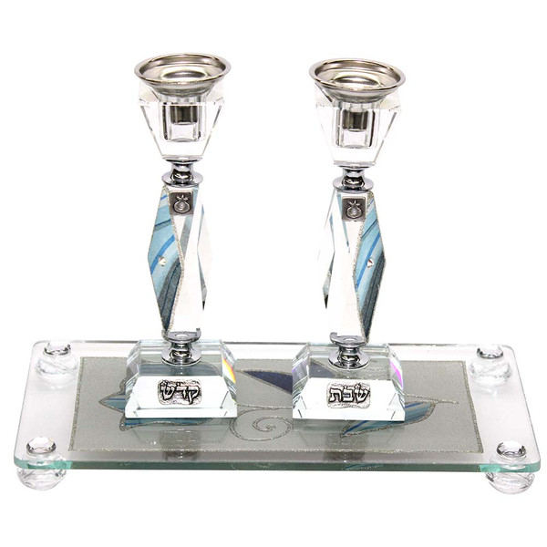 Jewish Gifts | Candlesticks | Crystal Teal Shabbat Candlestick Tray Set