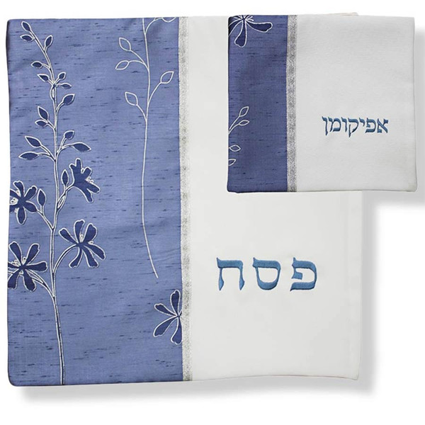 Passover Gifts-Passover Blue Flowered Matzah Cover Set
