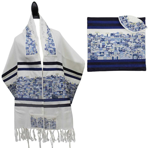 Blue Silk Embroidered Jerusalem Design Talis Set