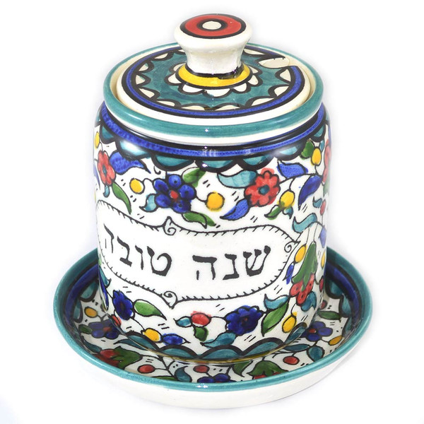 Jewish Gifts|Apple & Honey Dishes|High Holiday Gifts|Hand Painted Ceramic Armenian Honey Dish With Tray