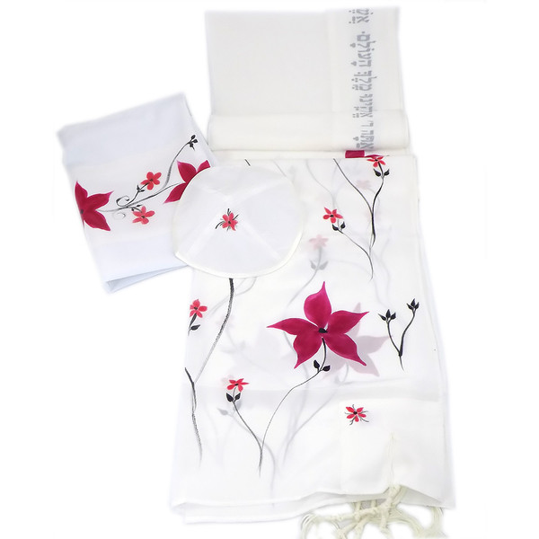 Jewish Gifts | Womens Tallit | Sheer Painted Silk Red Flower Tallit Set