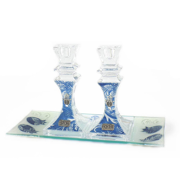 Jewish Gifts | Shabbat | Decoupage Blue Glass Candlestick Set