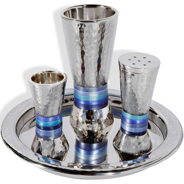 Jewish Gifts|Shabbat|Hammered Nickel Blue Stripe Havdalah Set