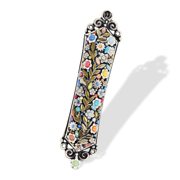 Jewish Gifts-Judaica-Metal And Stone Floral Mezuzah