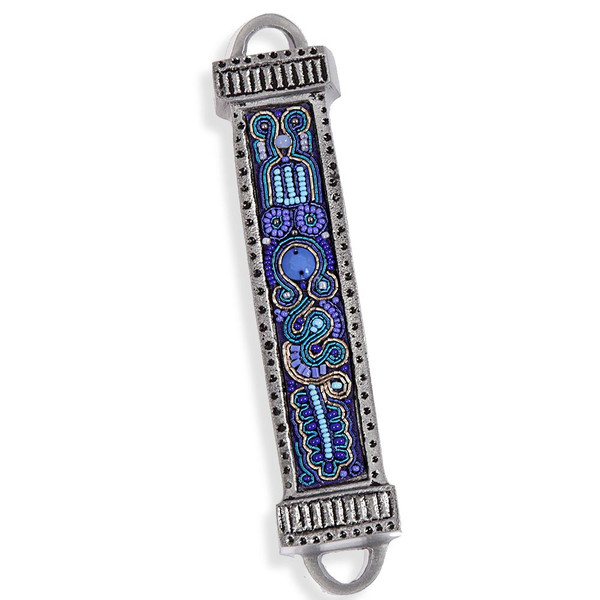 Jewish Gifts For Home|Metal Blue Beaded Mezuzah