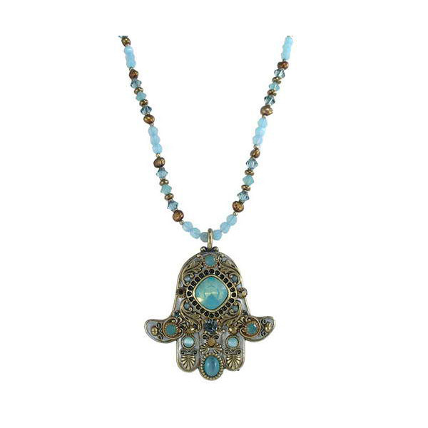 Ornate Blue And Gold Hamsa Necklace
