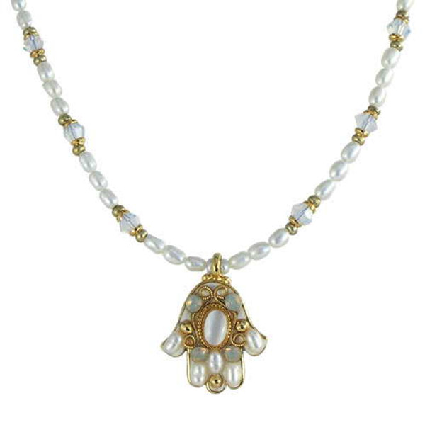 Glowing Pearl Hamsa Necklace