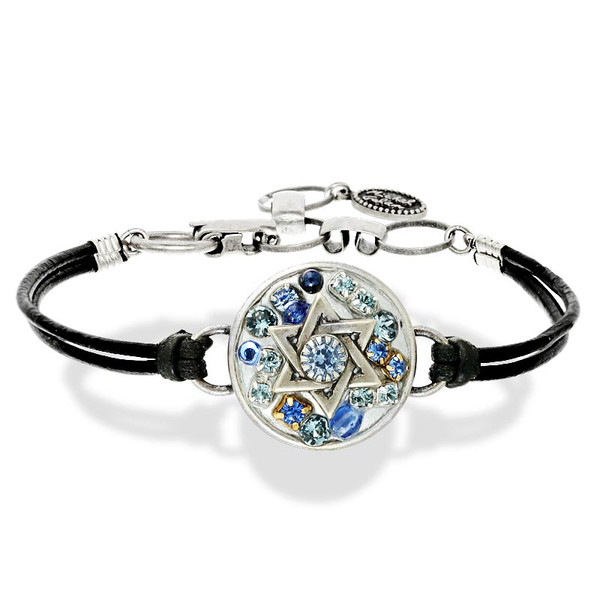 Jewish Jewelry-Judaica-Blue Stone Jewish Star Leather Bracelet