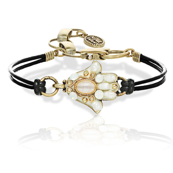Jewish Jewelry-Judaica-Pearl Opal Hamsa Leather Bracelet