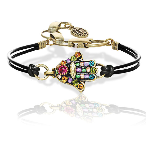 Jewish Jewelry-Judaica-Multicolor Stone Hamsa Leather Bracelet