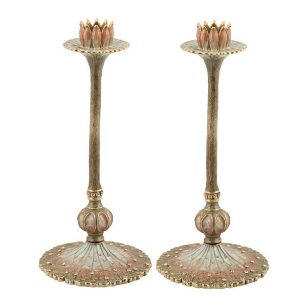 Peach And Gold Lotus Flower Candlesticks|Judaica|Quest Gifts