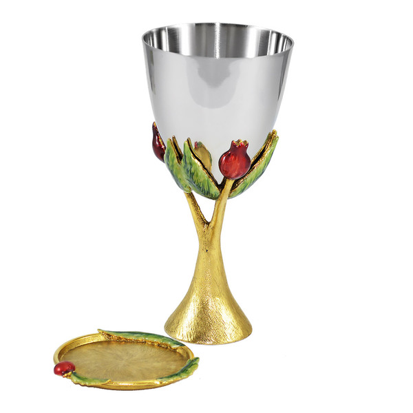 Shabbat Gifts-Judaica-Shabbat Pomegranate Kiddush Cup Pewter Gold Finish