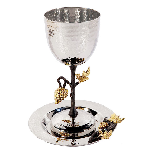 Shabbat | Kiddush Cups | Hammered Grape Vine Kiddush Cup Tray