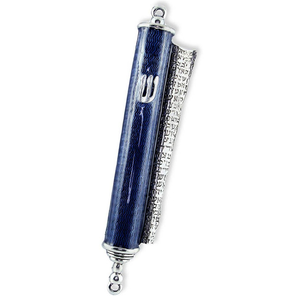 Jewish Gifts-Judaica-Torah Scroll Mezuzah Pewter Blue Enamel