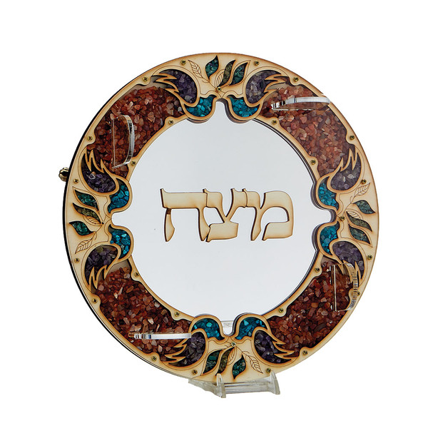 Passover Gifts - Round Laser Cut Stone Chips Matzah Tray