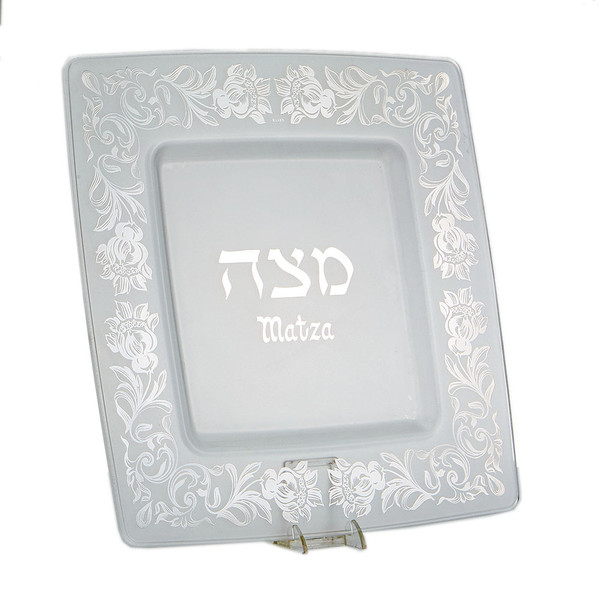 Passover Gifts - Glass Silver Floral Matzah Tray
